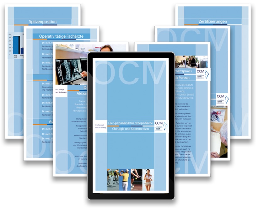 Infoscreen-Präsentation der OCM-Klinik auf Tablet und Bildschirmseiten
